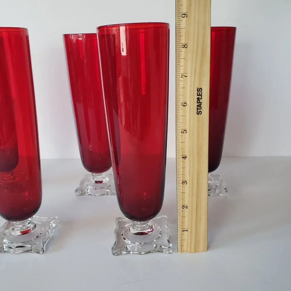 Vintage MCM Seneca Slim Jim 903 Ruby Red Footed Pilsner Beverage Glass Vase Set
